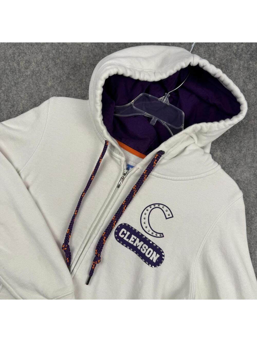 Clemson Tigers Full Zip Sweatshirt Hoodie White Purple Orange Studs Large 653